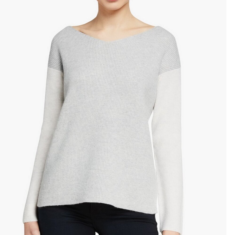NWT Vince V-Neck Wool Cashmere Colorblock Sweater Grey White Size L